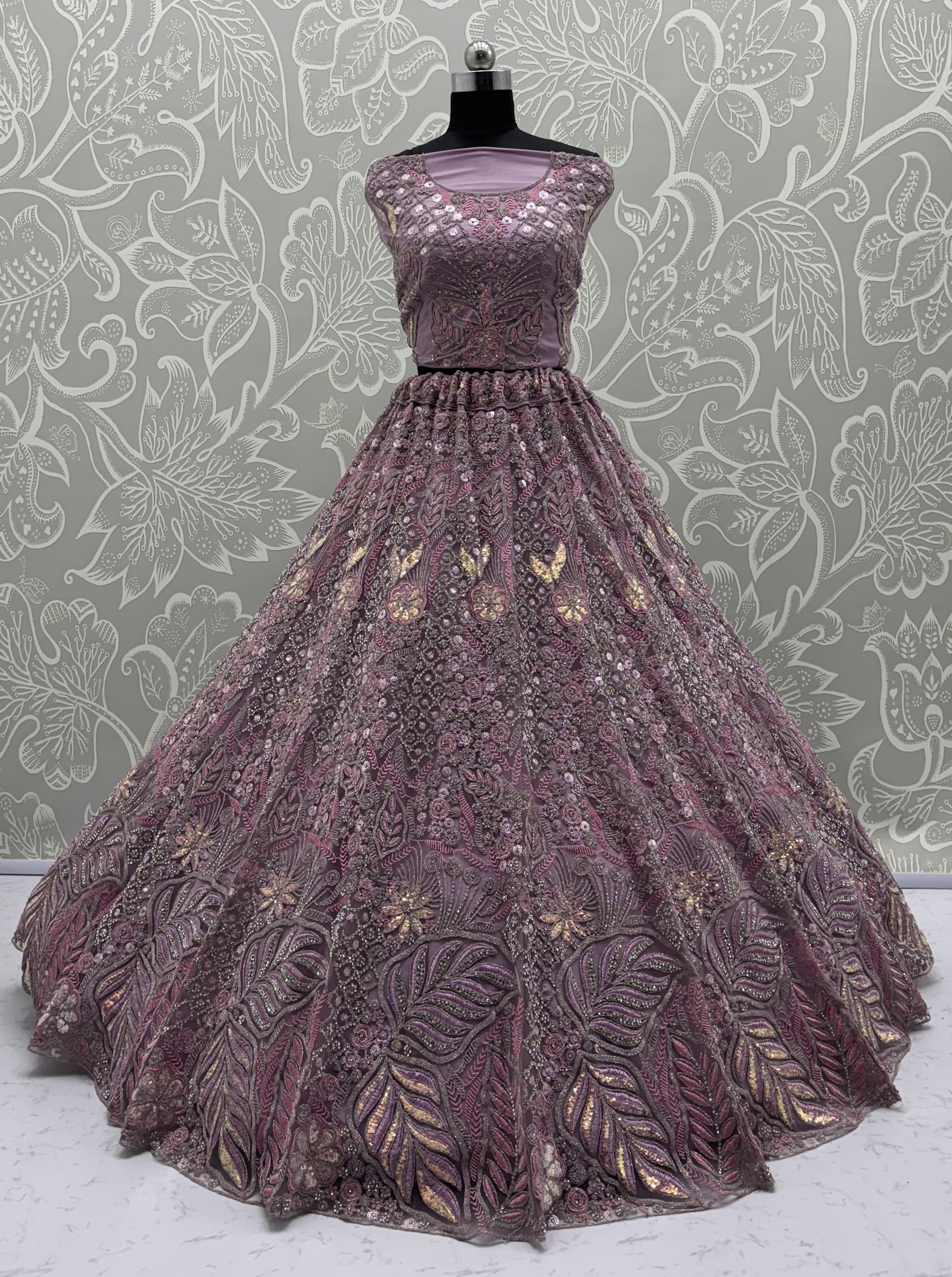 Purple Net A - Line Lehenga Choli with Diamond, Dori, Embroidered, Fancy, Multi, Sequins, Thread and Zircon Work